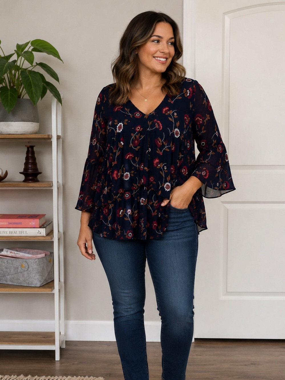 cupcakes & cashmere Navy Floral V-Neck Tiered Sleeve Blouse